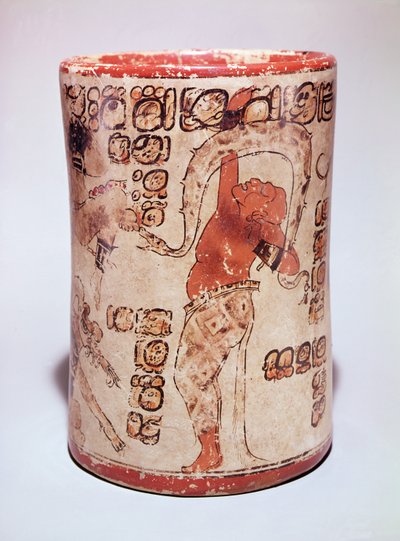 Kruik die een man toont dansend met een slang, gevonden in een graf in Altar de Sacrificios, Klassieke Maya door Mayan